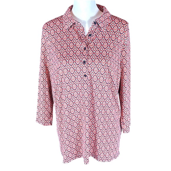 Talbots Tops - Talbots Tunic Top Women 1X Coral Navy Geometric Medallion 3/4 Sleeve Stretch